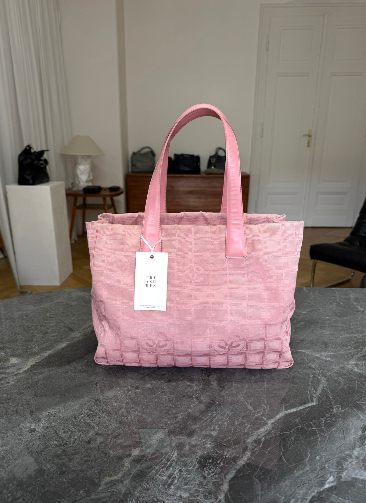 Chanel Pink New Travel Line Tote Bag MM Canvas Silver HW