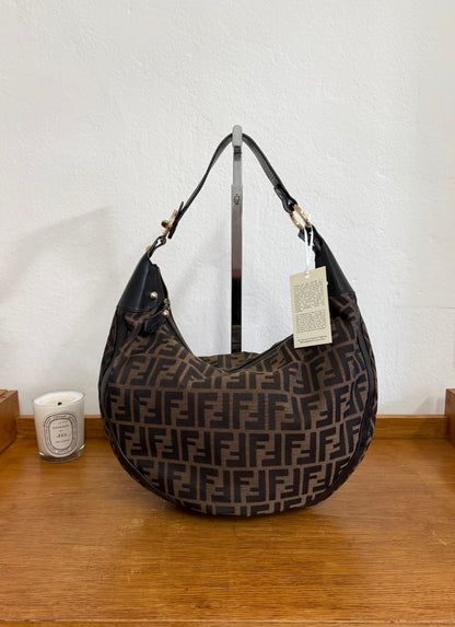 FENDI HALF MOON ZUCCA CANVAS HOBO BAG BROWN