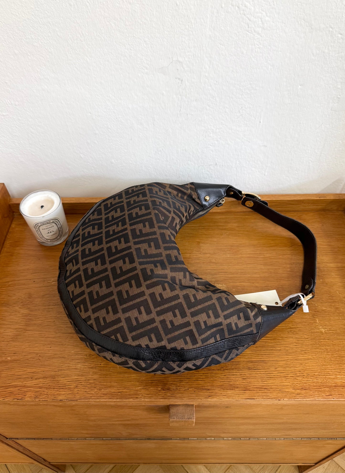 FENDI HALF MOON ZUCCA CANVAS HOBO BAG BROWN