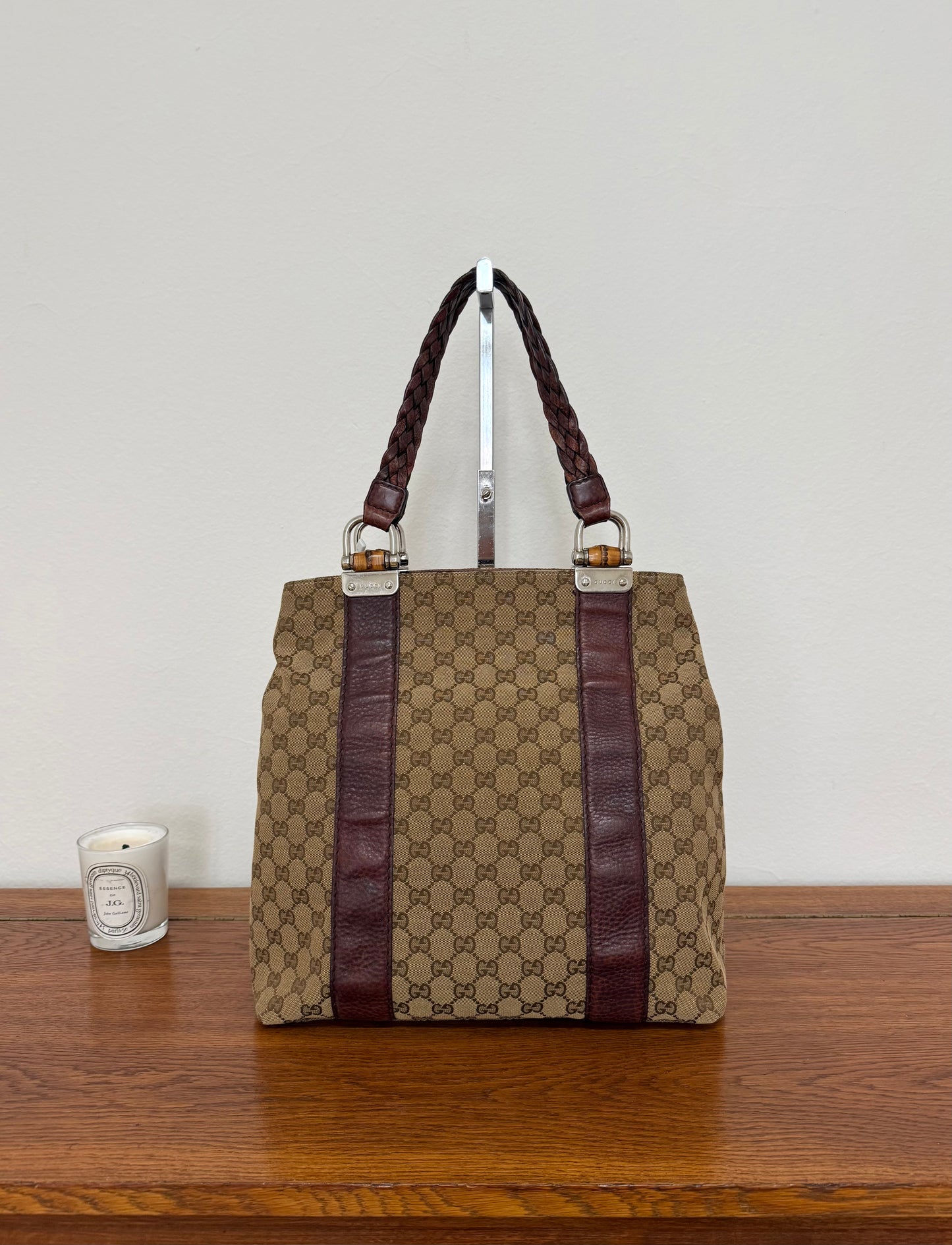 GUCCI GG CANVAS BAMBOO LIBECCIO TOTE BAG BROWN