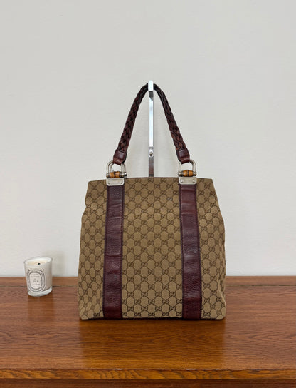 GUCCI GG CANVAS BAMBOO LIBECCIO TOTE BAG BROWN