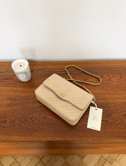 CHANEL SINGLE FLAP DIAGONAL STITCH BEIGE 24k GOLD