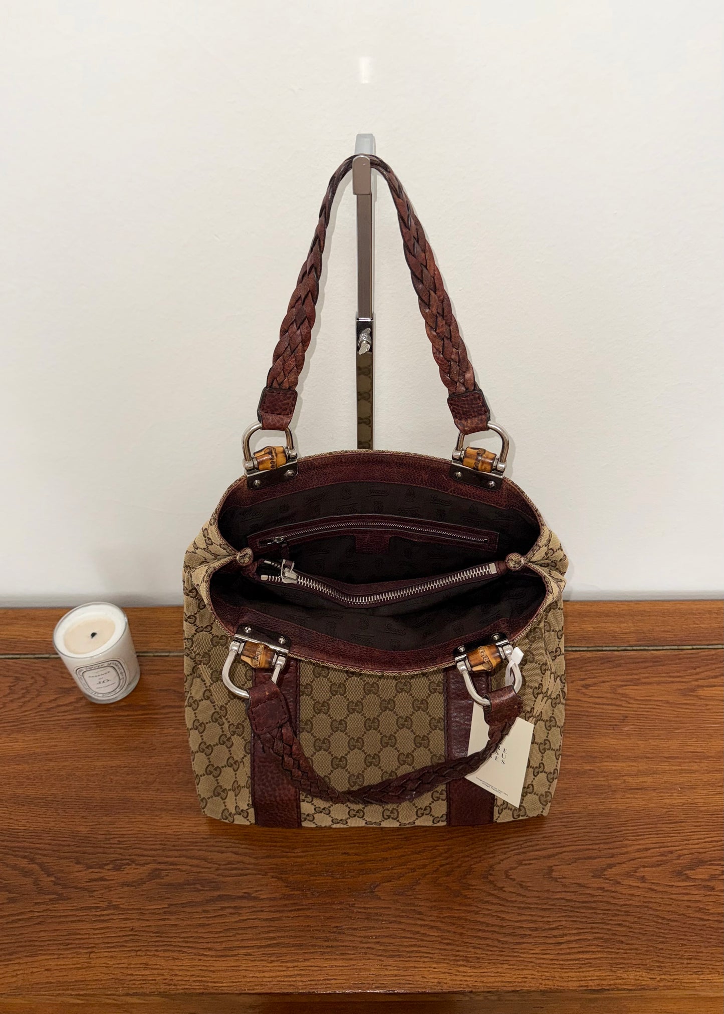 GUCCI GG CANVAS BAMBOO LIBECCIO TOTE BAG BROWN