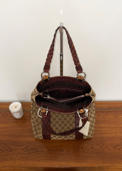 GUCCI GG CANVAS BAMBOO LIBECCIO TOTE BAG BROWN