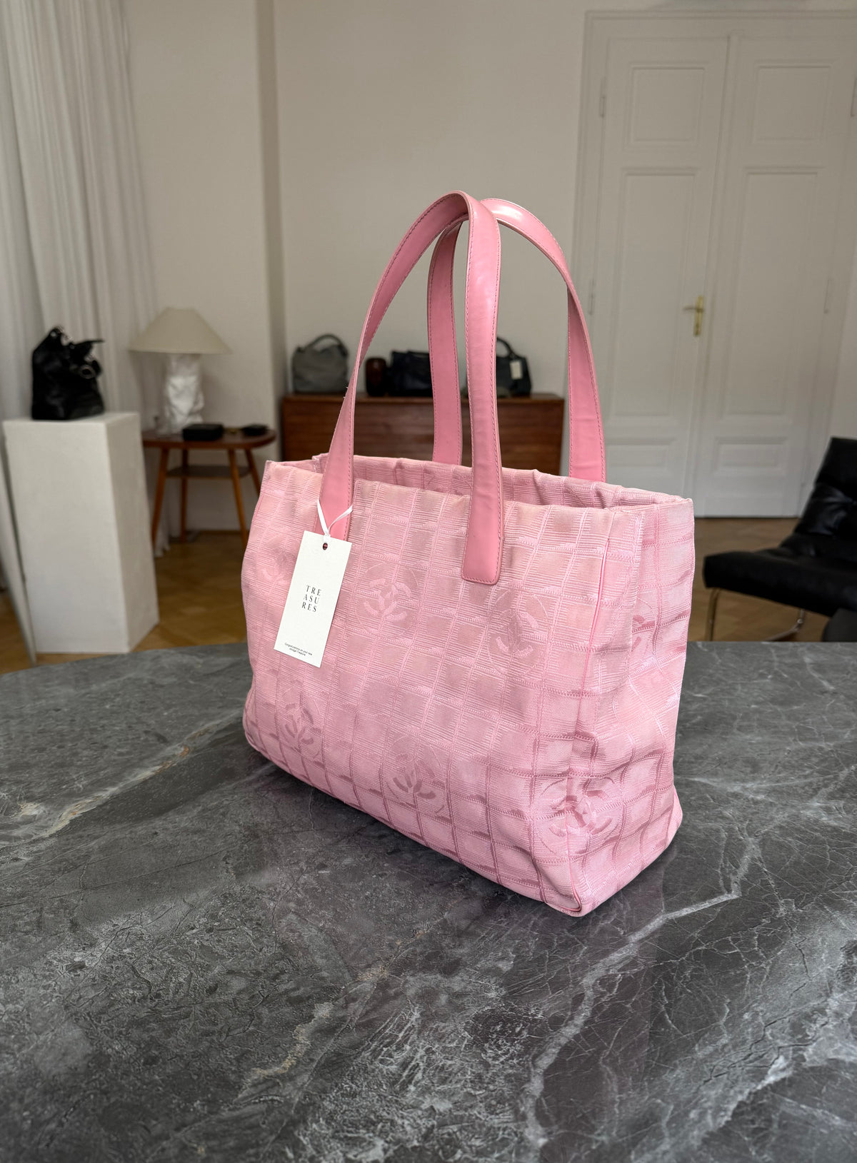 Chanel Pink New Travel Line Tote Bag MM Canvas Silver HW