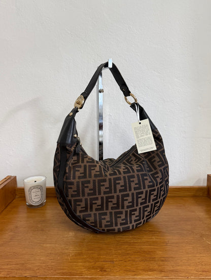 FENDI HALF MOON ZUCCA CANVAS HOBO BAG BROWN