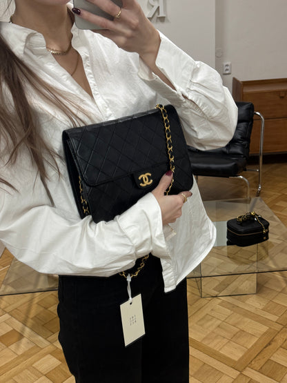 CHANEL CLASSIC SINGLE FLAP BAG LAMBSKIN BLACK 24K GOLD HW