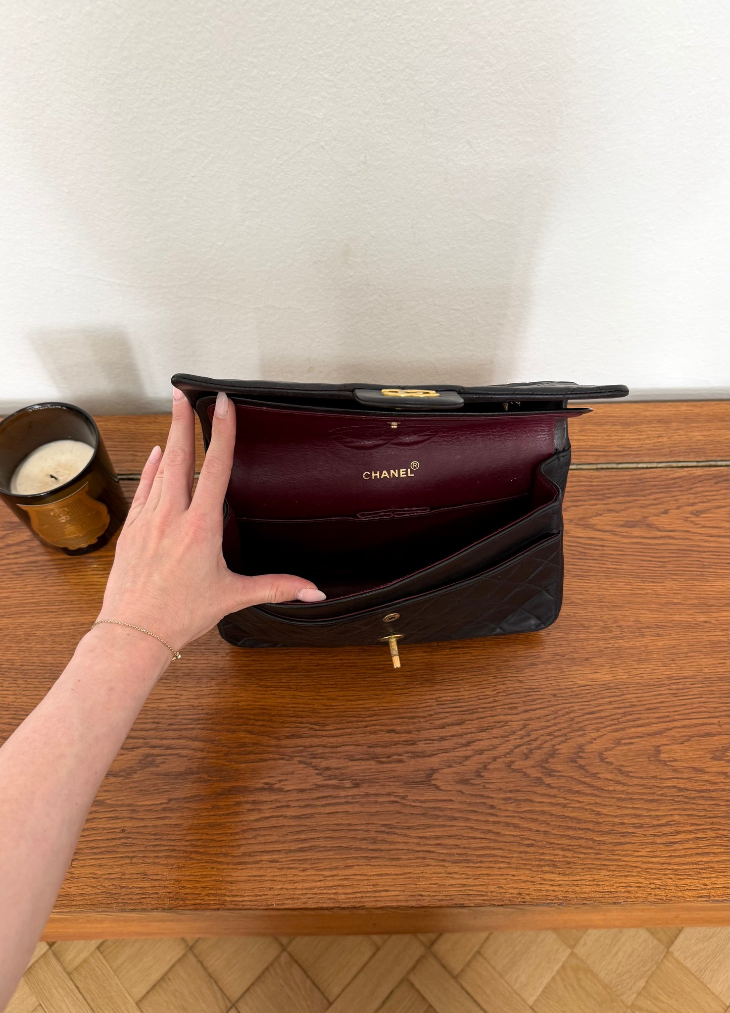 CHANEL TIMELESS CLASSIC DOUBLE FLAP BAG MEDIUM BLACK LAMBSKIN 24K GOLD HW