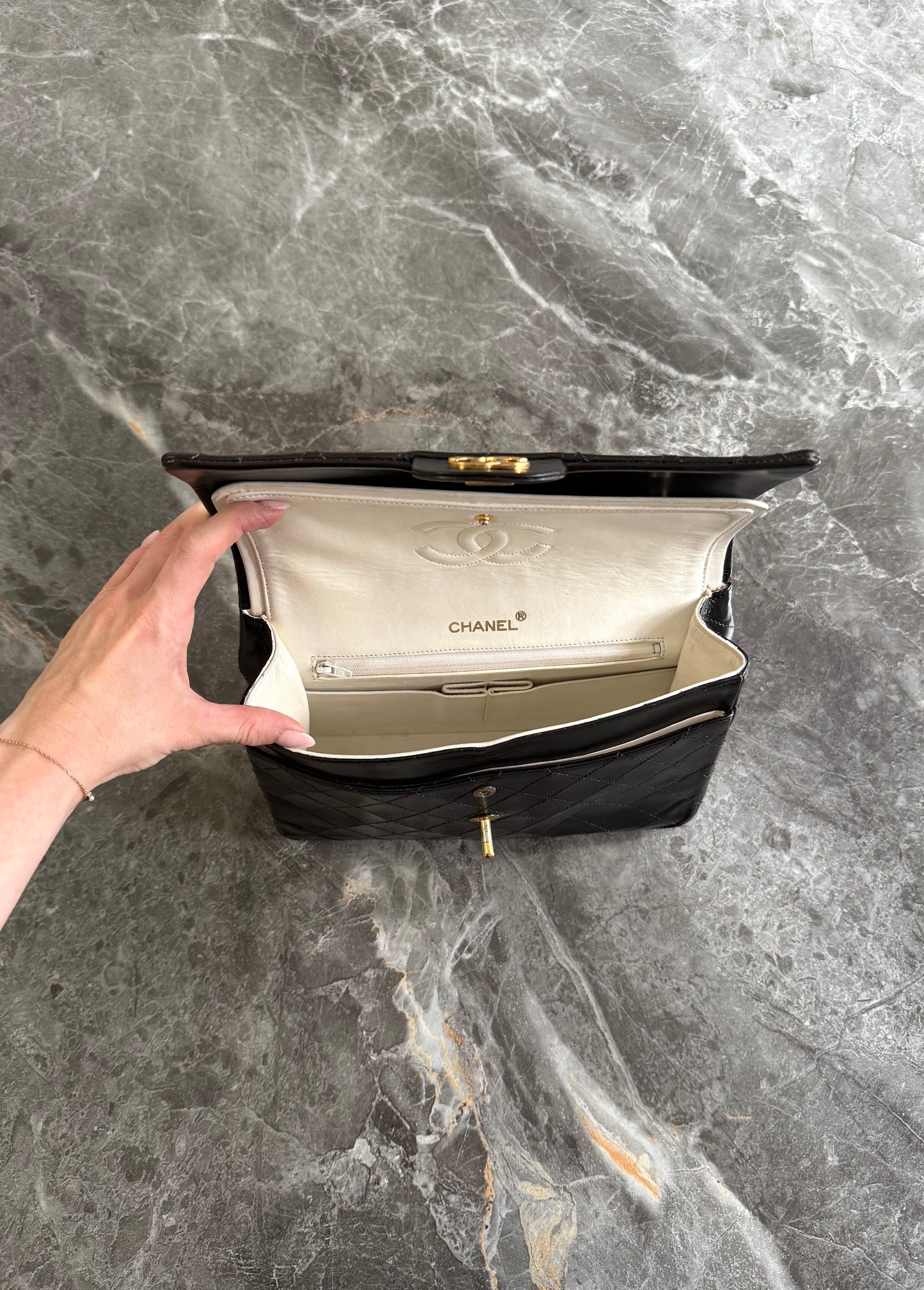 CHANEL CLASSIC DOUBLE FLAP BAG BLACK MEDIUM TALL 24K GOLD HW