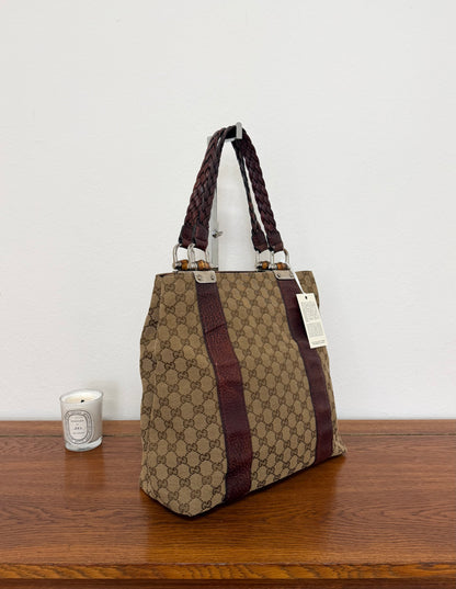 GUCCI GG CANVAS BAMBOO LIBECCIO TOTE BAG BROWN