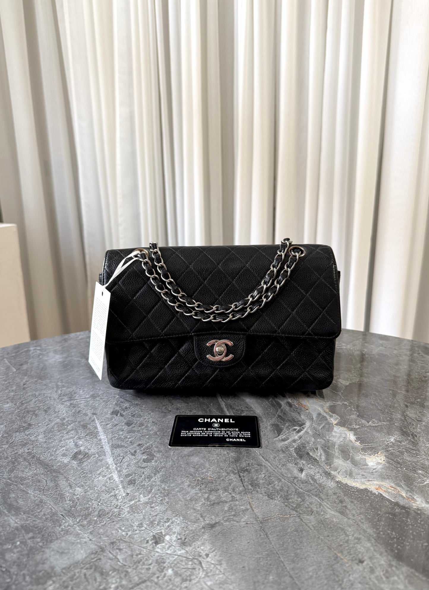 CHANEL CLASSIC DOUBLE FLAP MEDIUM CAVIAR BLACK SILVER HW