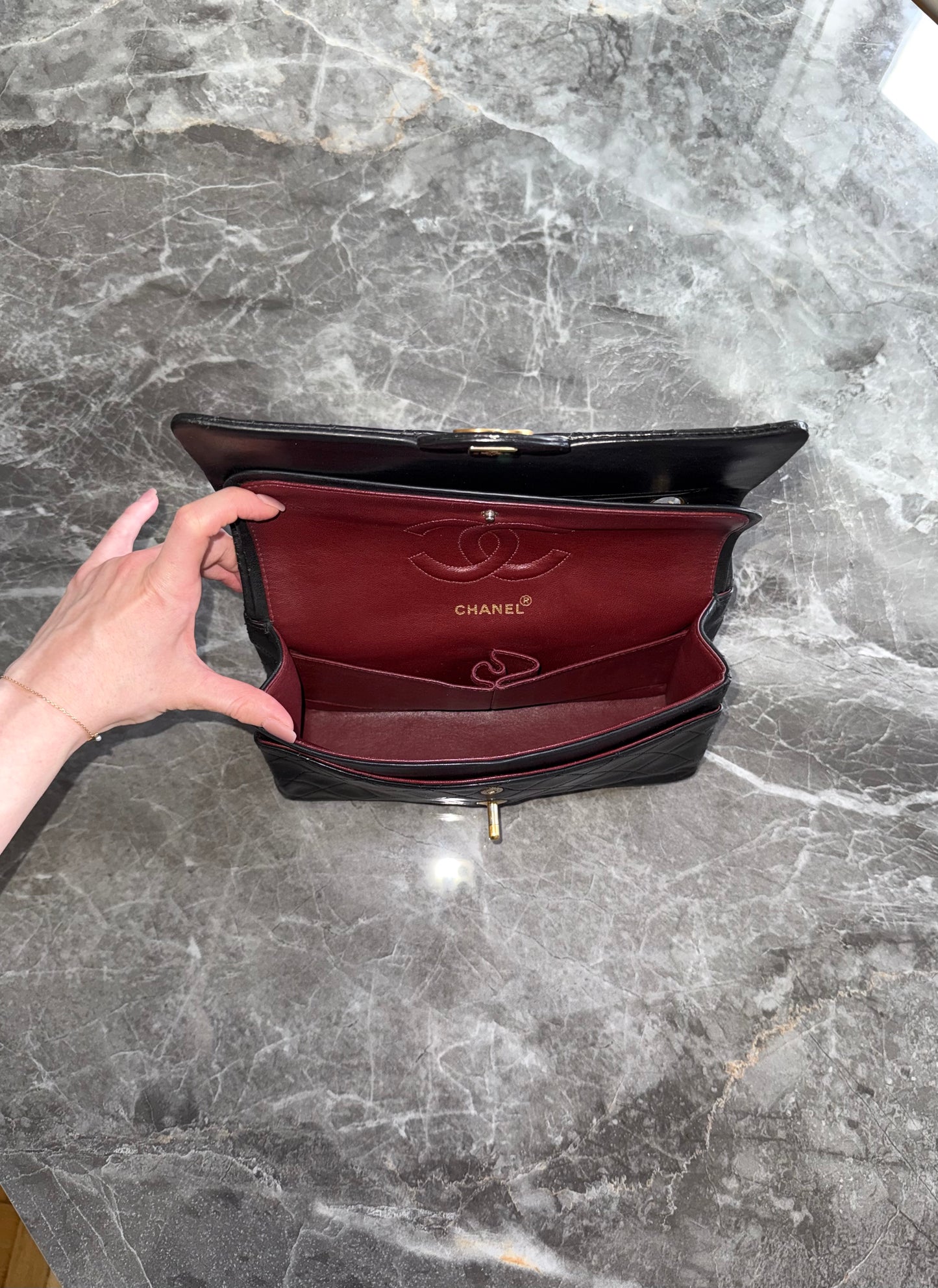 CHANEL CLASSIC DOUBLE FLAP BAG MEDIUM BLACK 24K GOLD HW