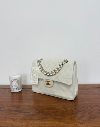 CHANEL CLASSIC DOUBLE FLAP BAG WHITE MEDIUM TALL 24K GOLD