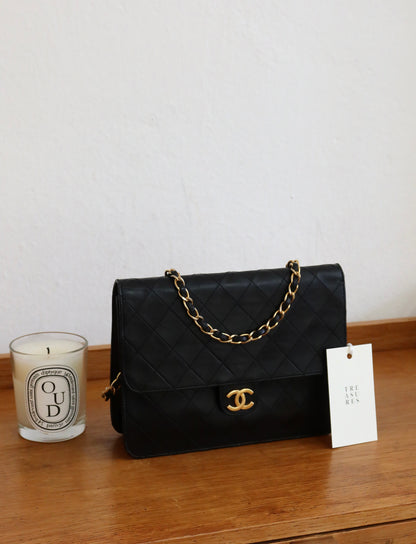 CHANEL CLASSIC SINGLE FLAP BAG LAMBSKIN BLACK 24K GOLD HW