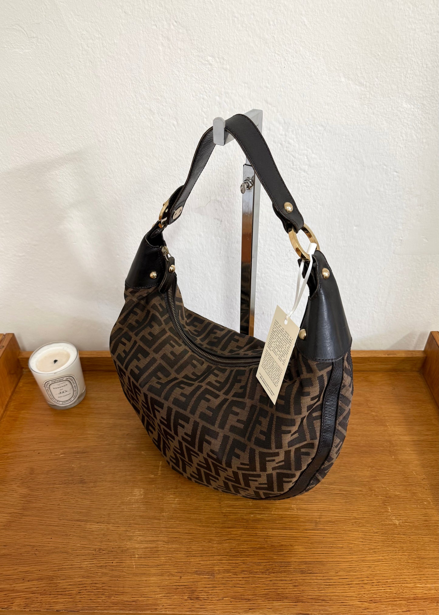 FENDI HALF MOON ZUCCA CANVAS HOBO BAG BROWN