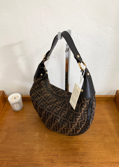 FENDI HALF MOON ZUCCA CANVAS HOBO BAG BROWN