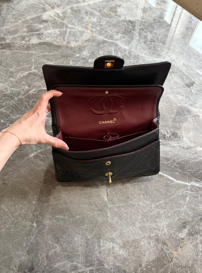 CHANEL CLASSIC DOUBLE FLAP BAG MEDIUM BLACK 24K GOLD HW