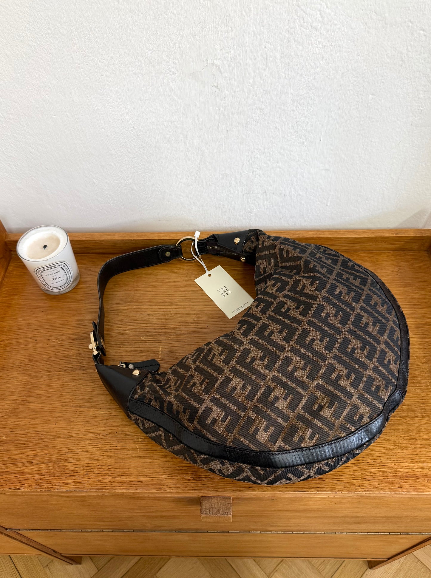 FENDI HALF MOON ZUCCA CANVAS HOBO BAG BROWN