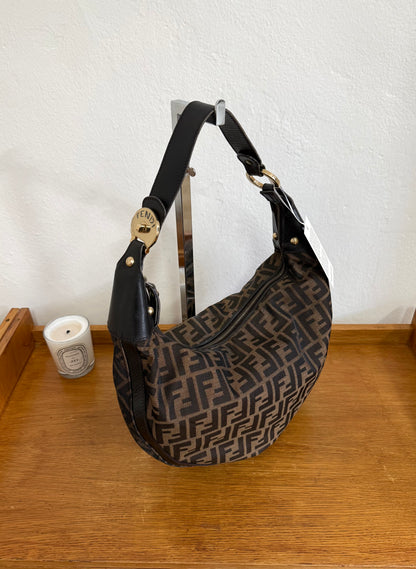 FENDI HALF MOON ZUCCA CANVAS HOBO BAG BROWN