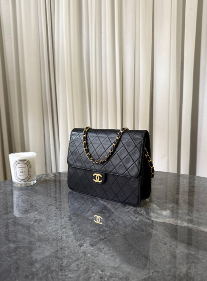CHANEL CLASSIC SINGLE FLAP BAG LAMBSKIN BLACK 24K GOLD HW