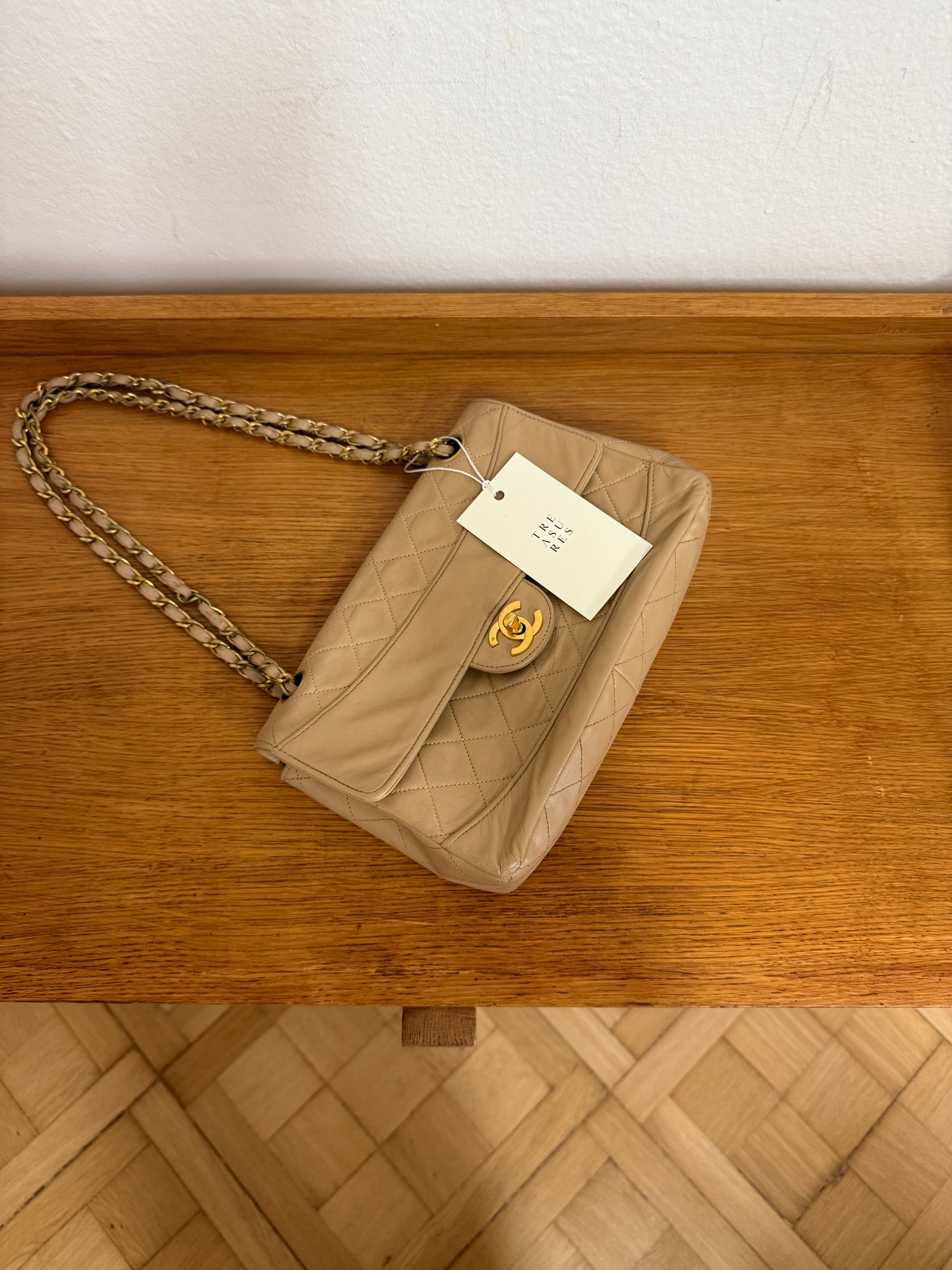 CHANEL TWIST LOCK CLASSIC FLAP BAG BEIGE