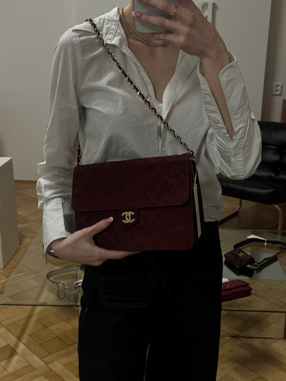 CHANEL CLASSIC SUEDE BURGUNDY SINGLE FLAP BAG
