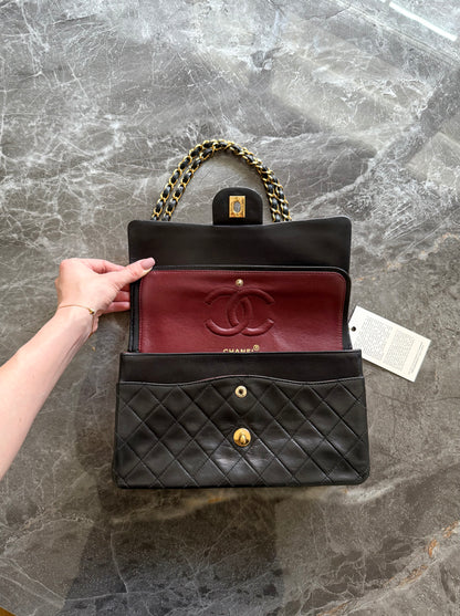 CHANEL CLASSIC DOUBLE FLAP BAG MEDIUM BLACK 24K GOLD HW