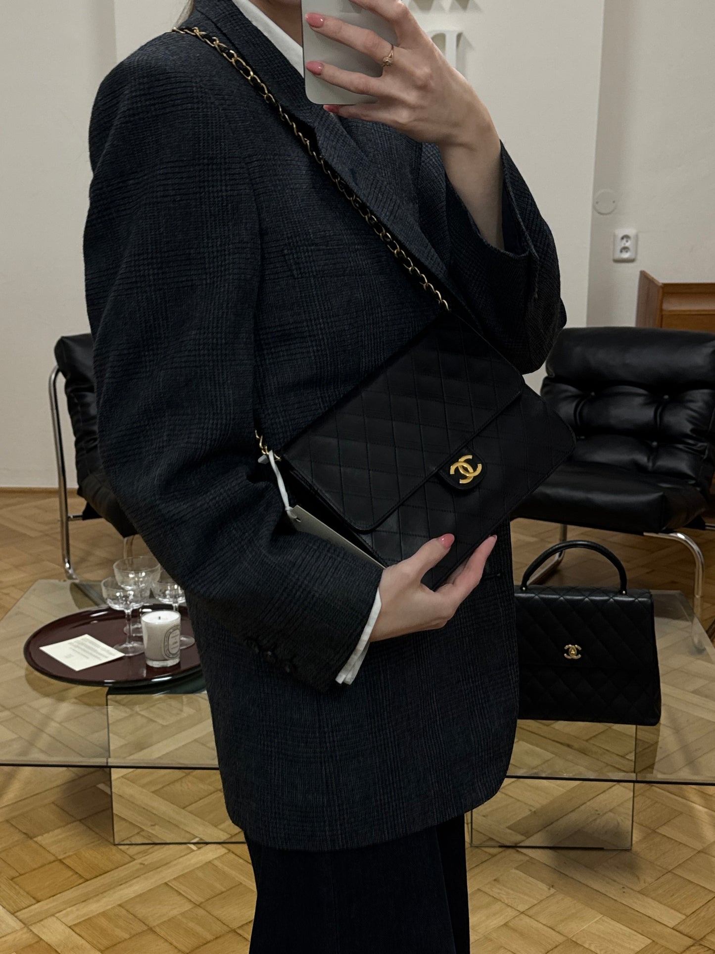 CHANEL CLASSIC SINGLE FLAP BAG LAMBSKIN BLACK 24K GOLD HW