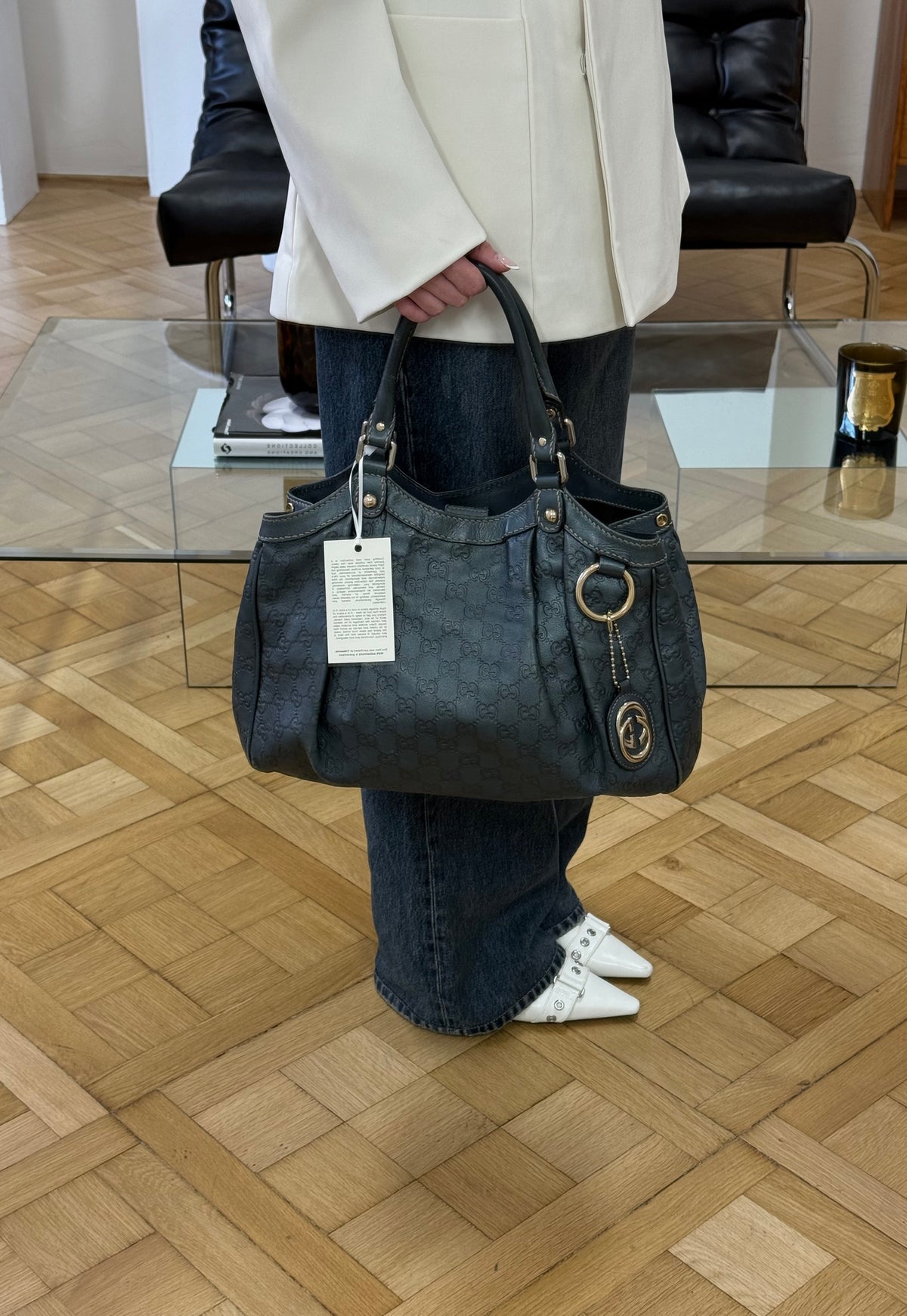 Gucci Sukey Guccissima Leather Tote Bag Grey Green Gold HW