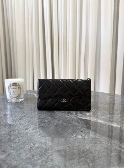 CHANEL CLASSIC LONG WALLET BLACK CAVIAR SILVER HW SERIES 12