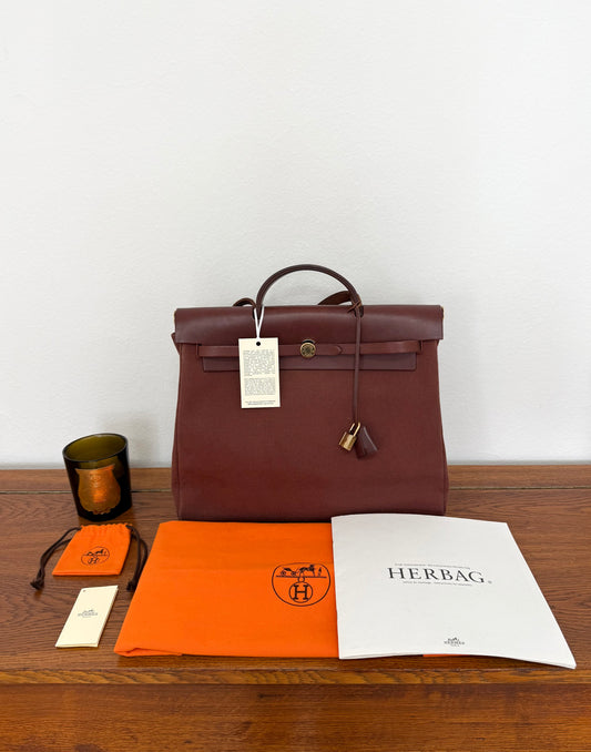 HERMÈS HERBAG HANDBAG BURGUNDY CANVAS & LEATHER