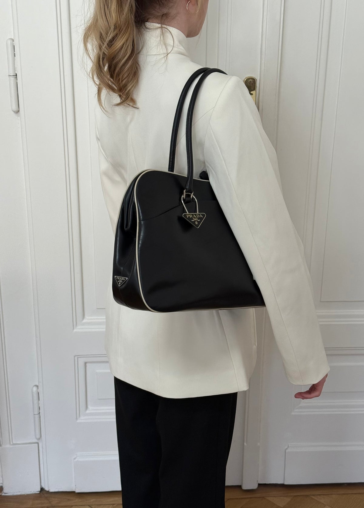 Prada Triangle Keyring Bowling Bag Spazzolato Black
