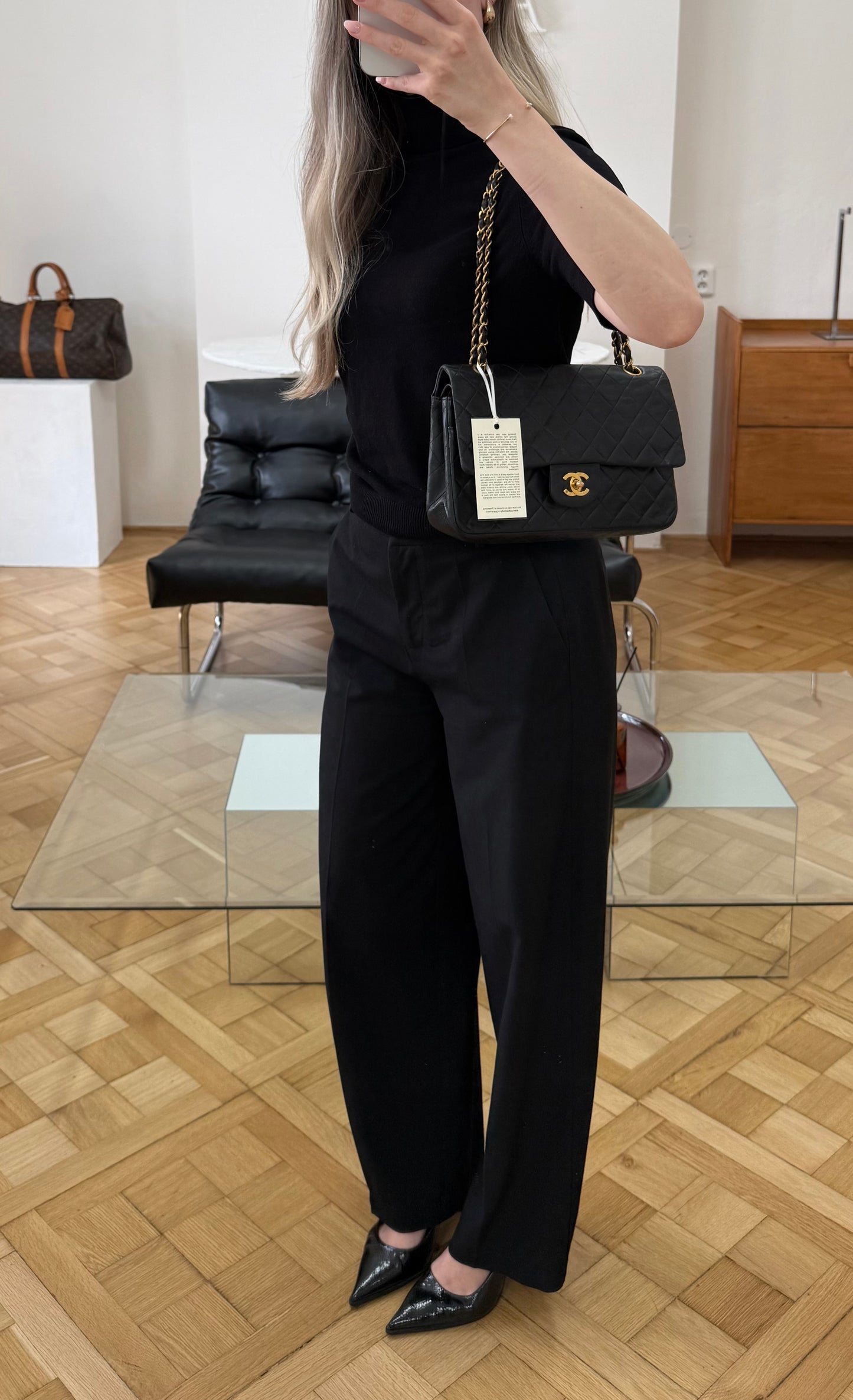 CHANEL TIMELESS CLASSIC DOUBLE FLAP BAG MEDIUM BLACK LAMBSKIN 24K GOLD HW