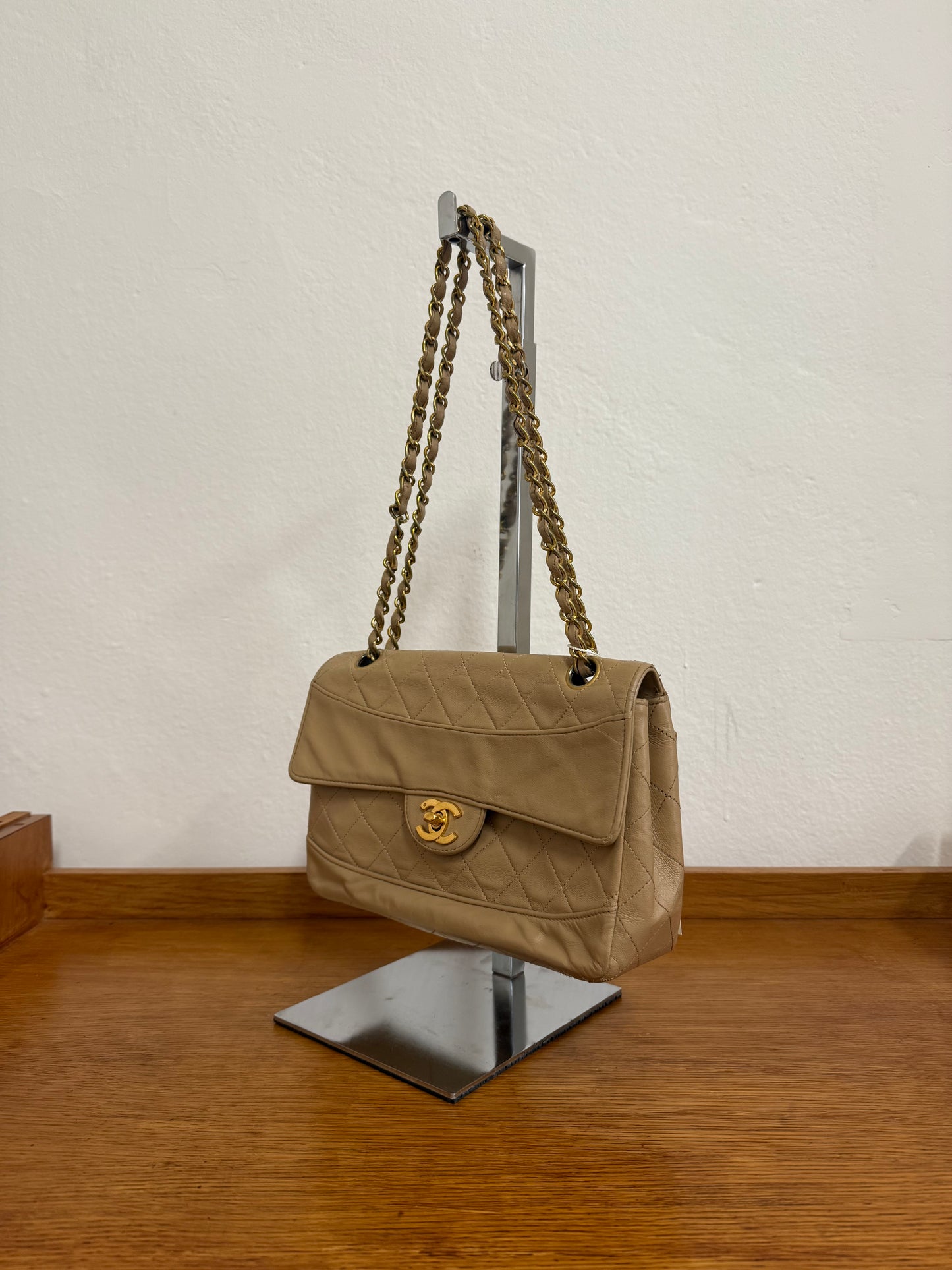 CHANEL TWIST LOCK CLASSIC FLAP BAG BEIGE