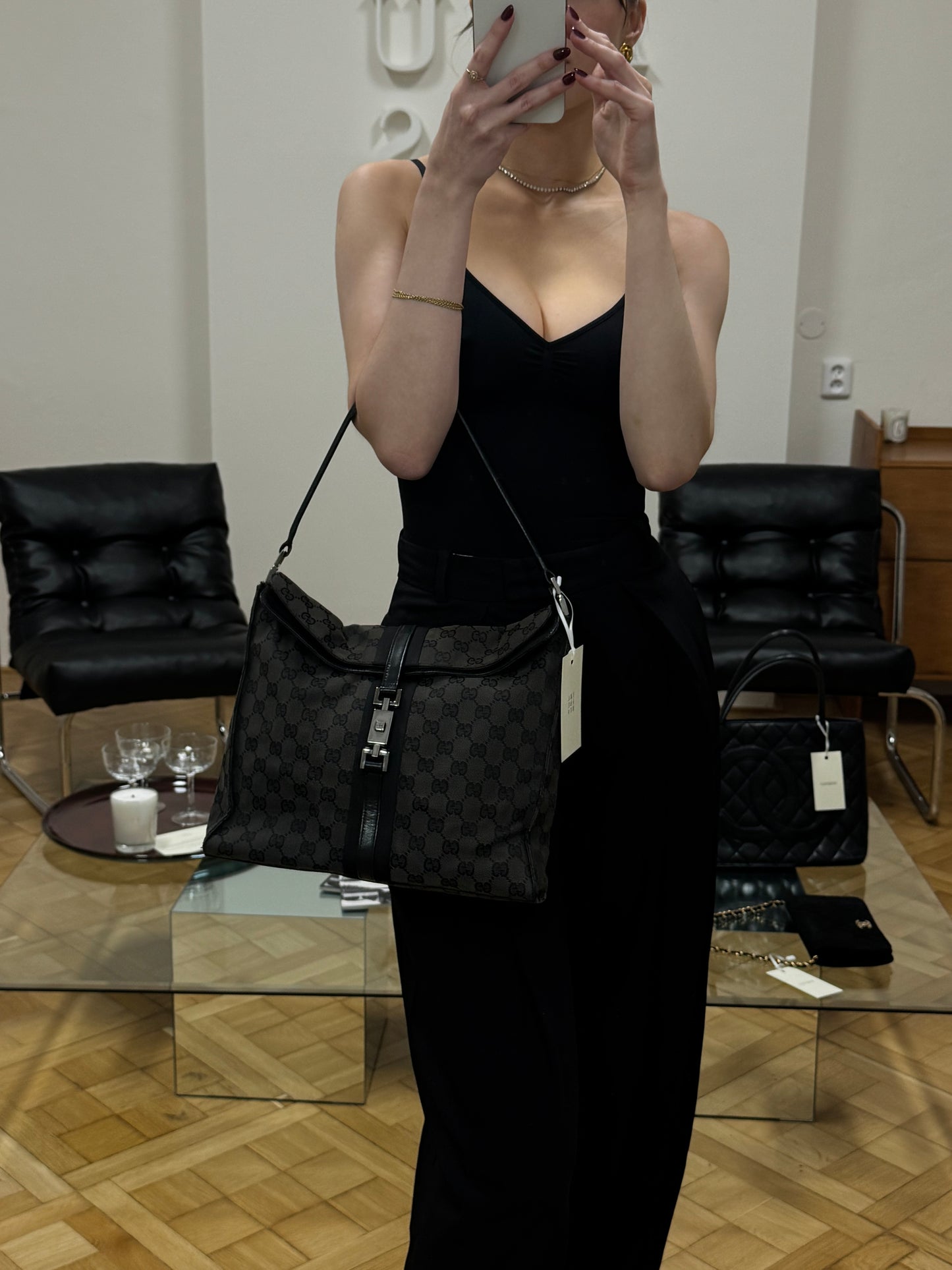 GUCCI JACKIE SHOULDER BAG BLACK GG MONOGRAM