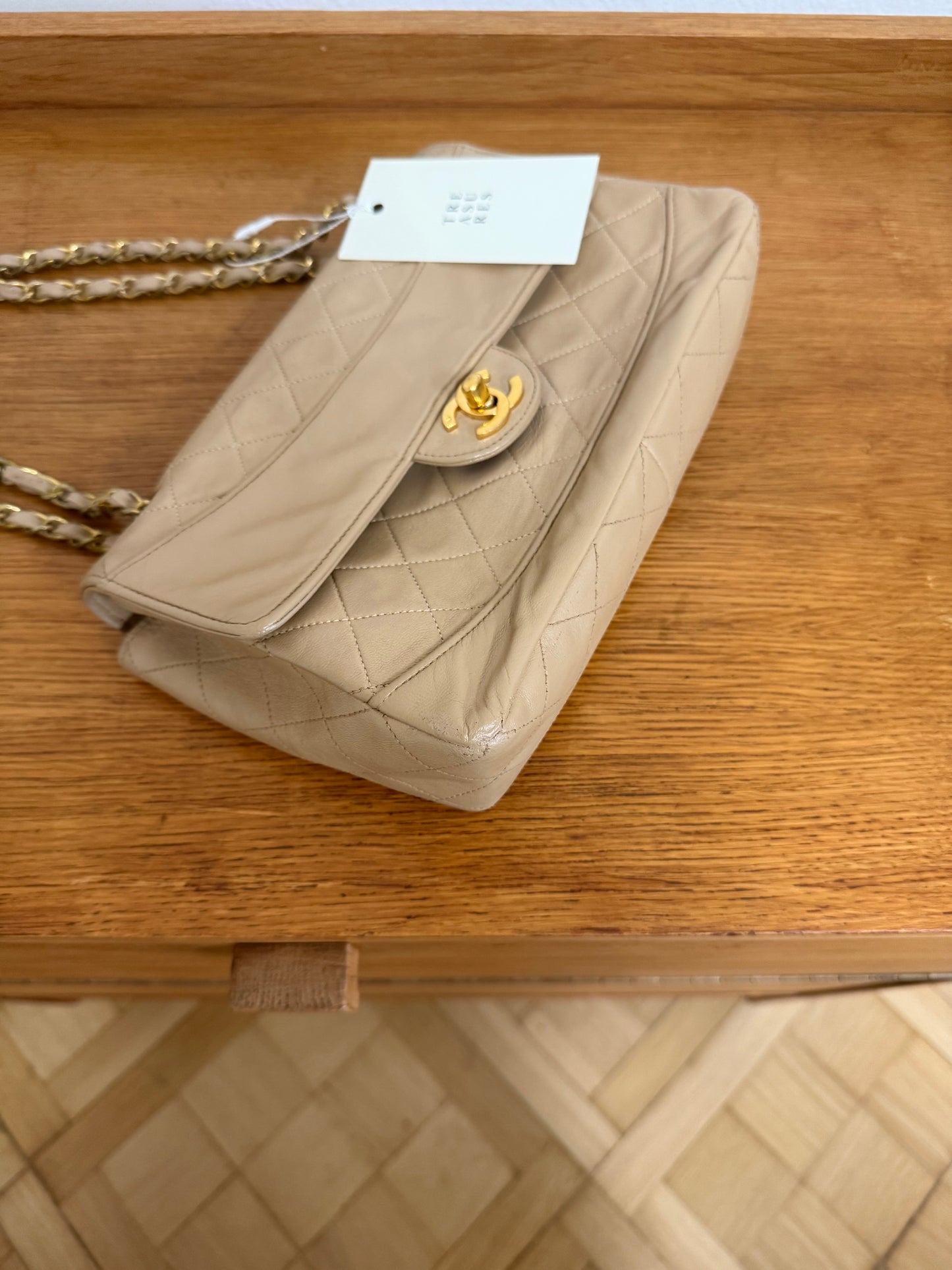 CHANEL TWIST LOCK CLASSIC FLAP BAG BEIGE