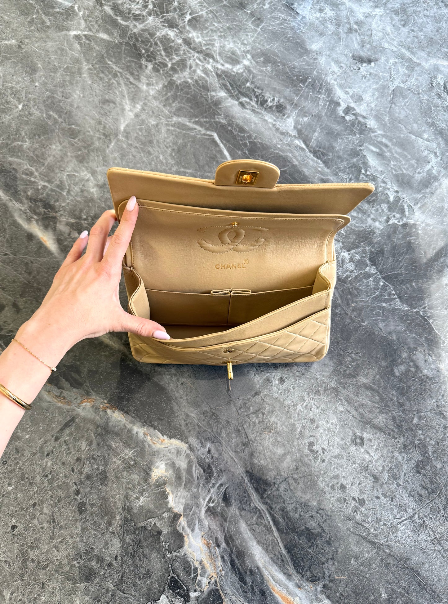 CHANEL CLASSIC DOUBLE FLAP BAG MEDIUM BEIGE 24K GOLD HW