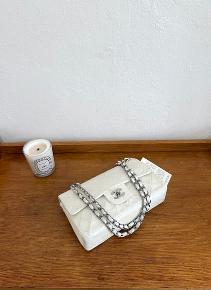 CHANEL CLASSIC DOUBLE FLAP BAG SILVER HW WHITE KARL LAGERFELD