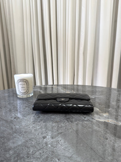CHANEL CLASSIC LONG WALLET BLACK CAVIAR SILVER HW SERIES 12