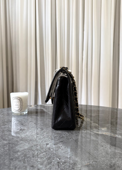 CHANEL CLASSIC DOUBLE FLAP BAG BLACK MEDIUM TALL 24K GOLD HW