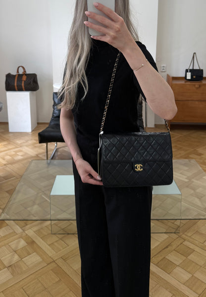 CHANEL BLACK SINGLE FLAP LAMBSKIN 24K GOLD HW