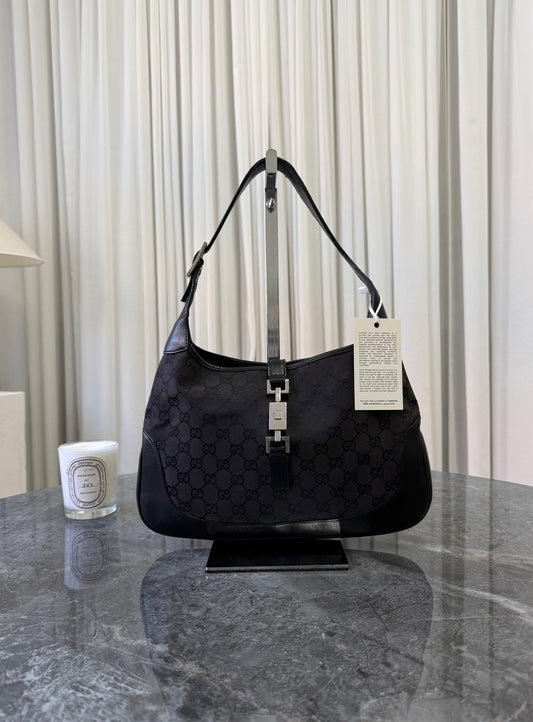 Gucci Jackie GG Canvas Shoulder Bag Black Silver HW