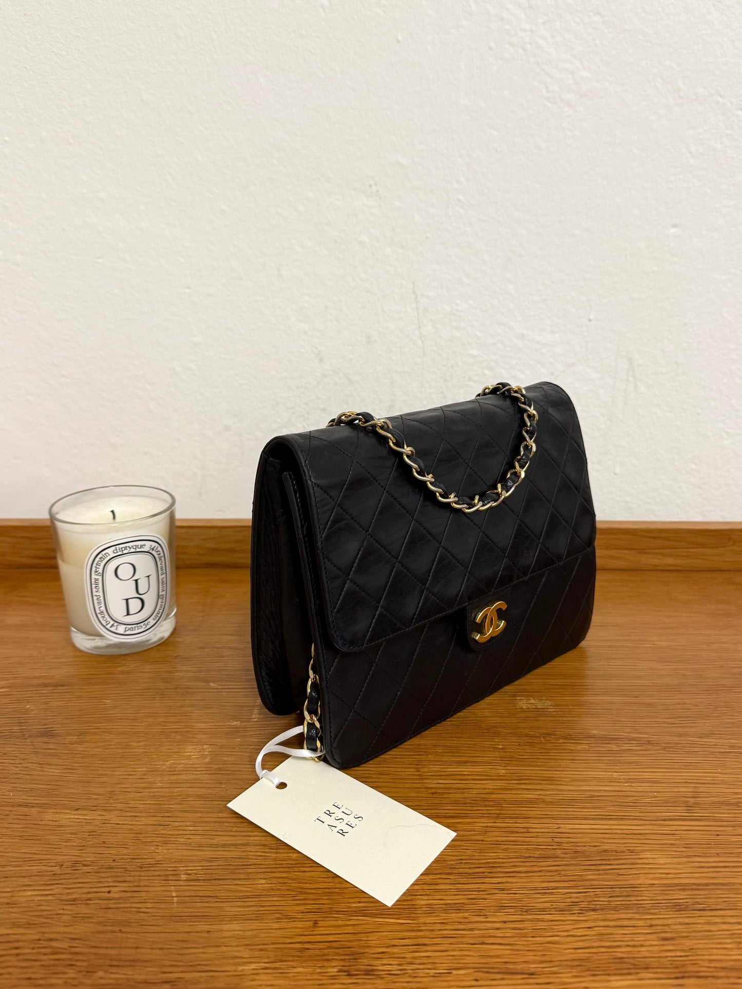 CHANEL CLASSIC SINGLE FLAP BAG LAMBSKIN BLACK 24K GOLD HW