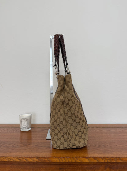 GUCCI GG CANVAS BAMBOO LIBECCIO TOTE BAG BROWN