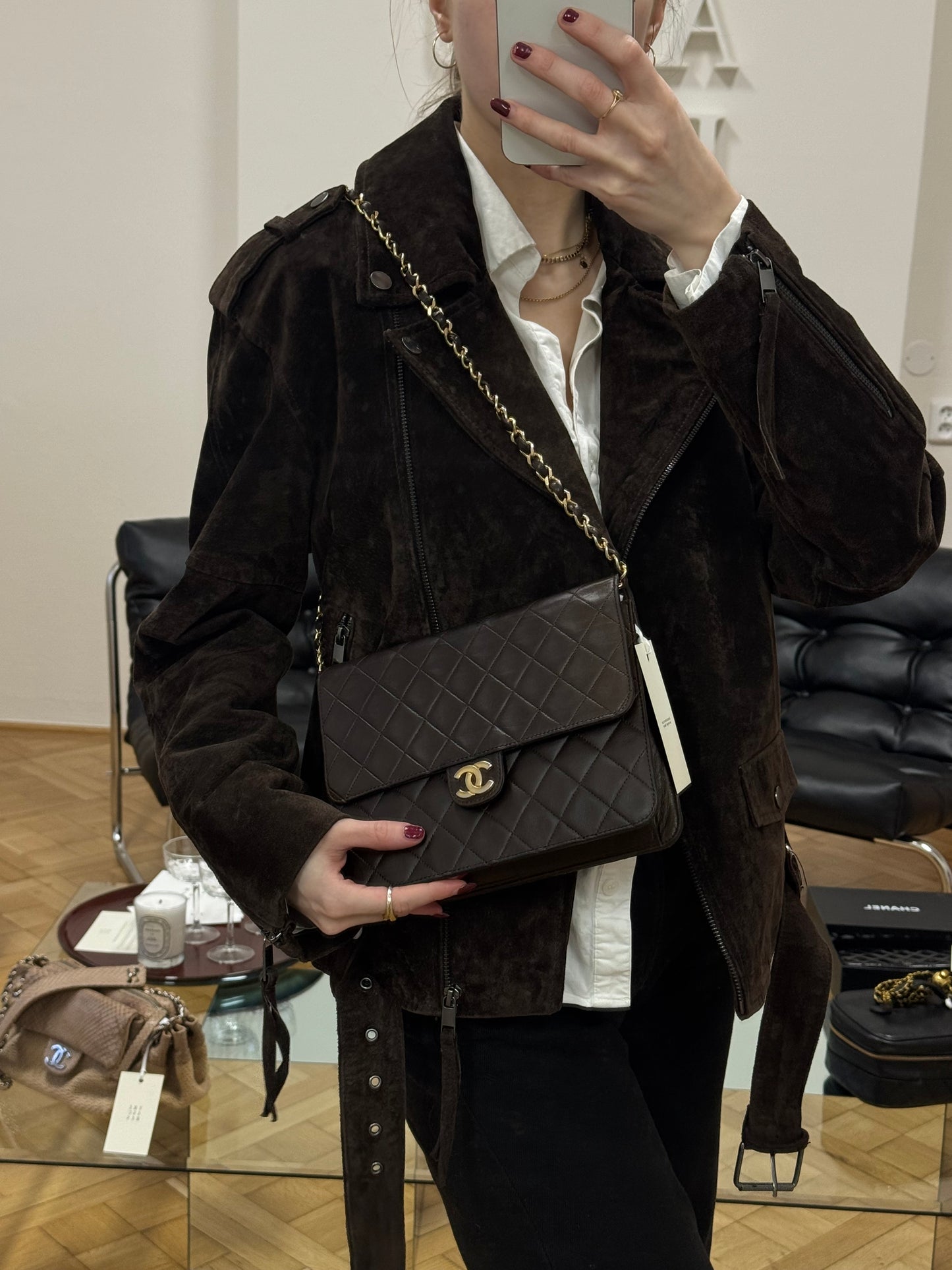 CHANEL CLASSIC SINGLE FLAP BAG BROWN 24k GOLD HW