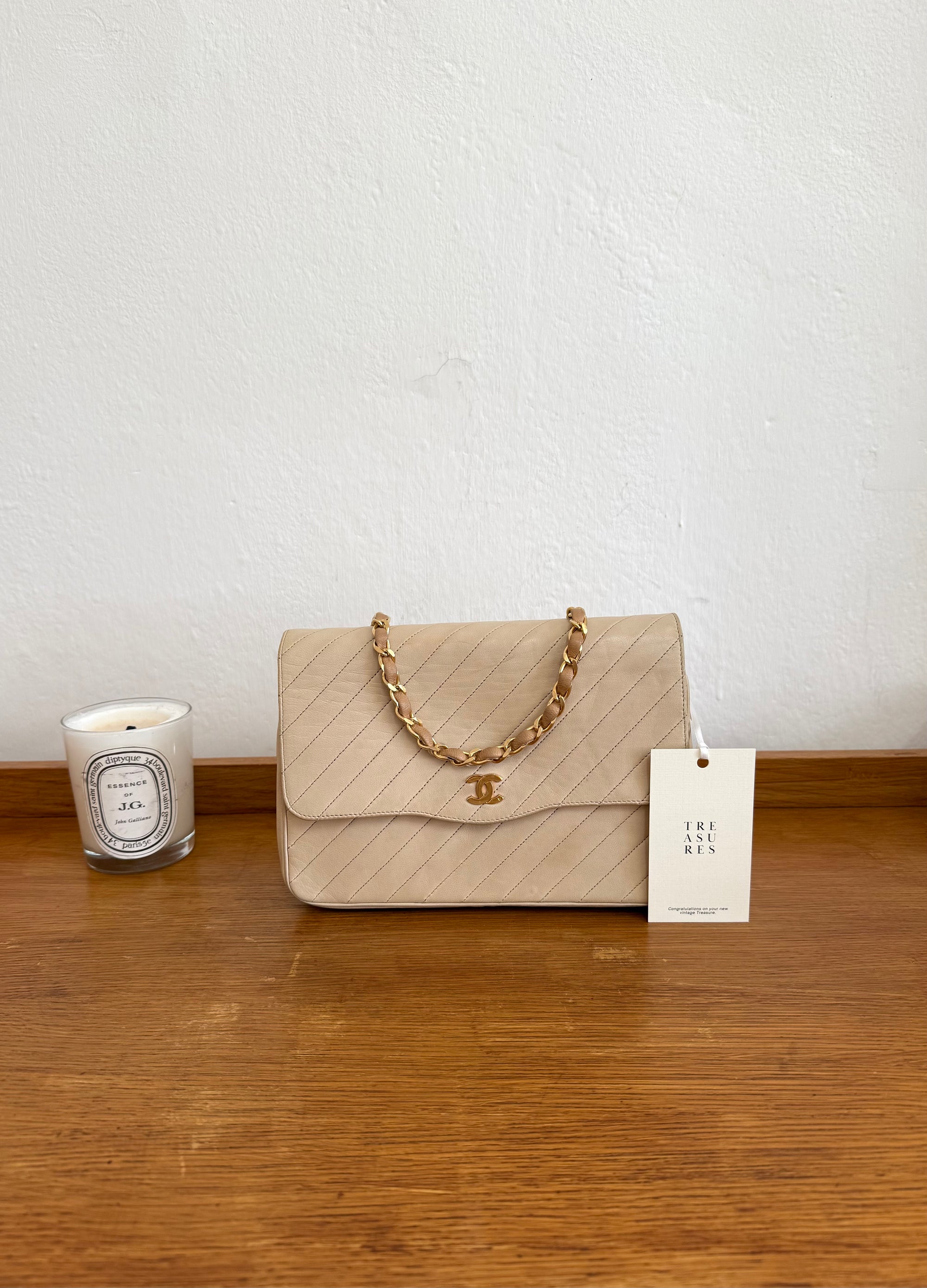 CHANEL SINGLE FLAP DIAGONAL STITCH BEIGE 24k GOLD