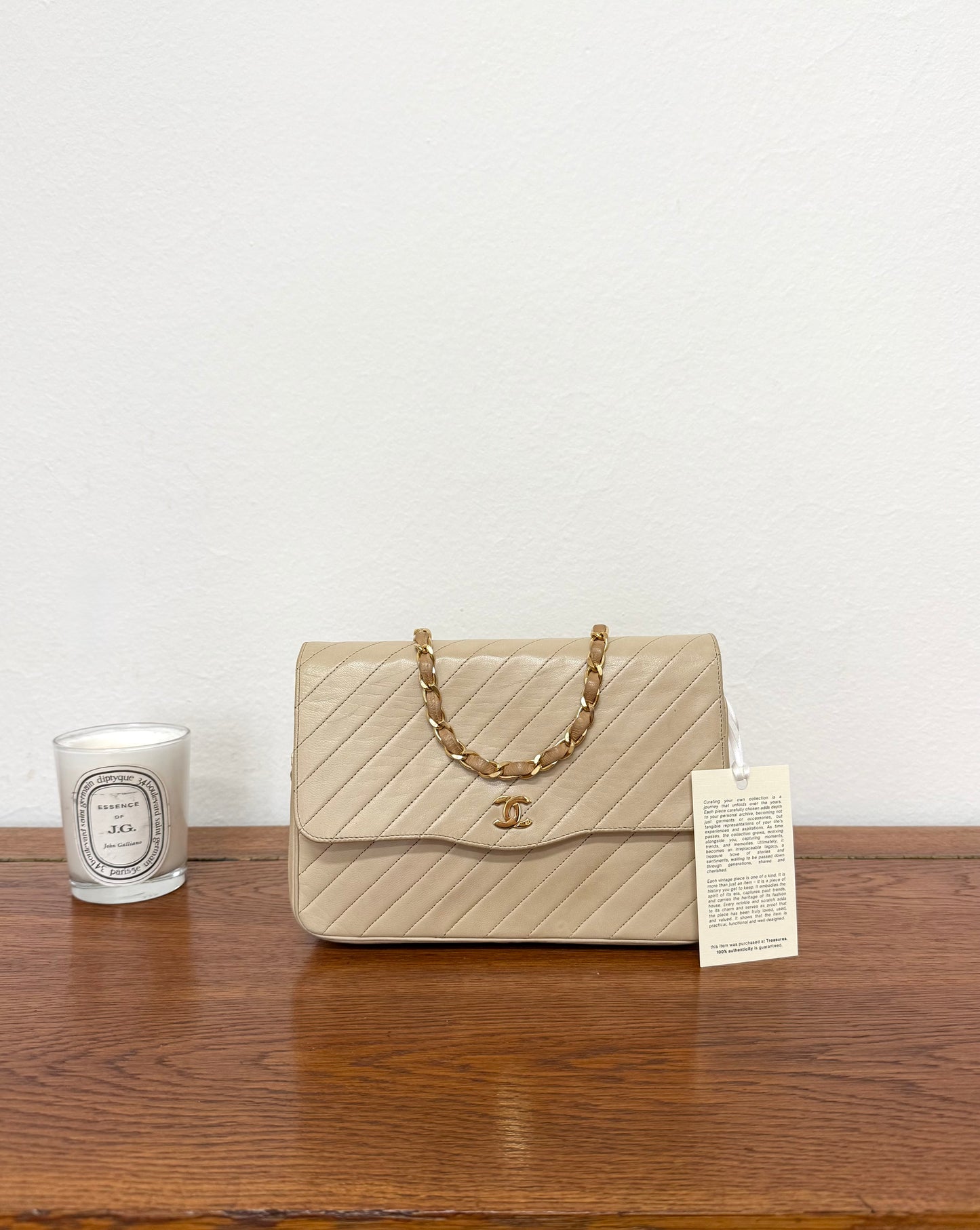 CHANEL SINGLE FLAP DIAGONAL STITCH BEIGE 24k GOLD
