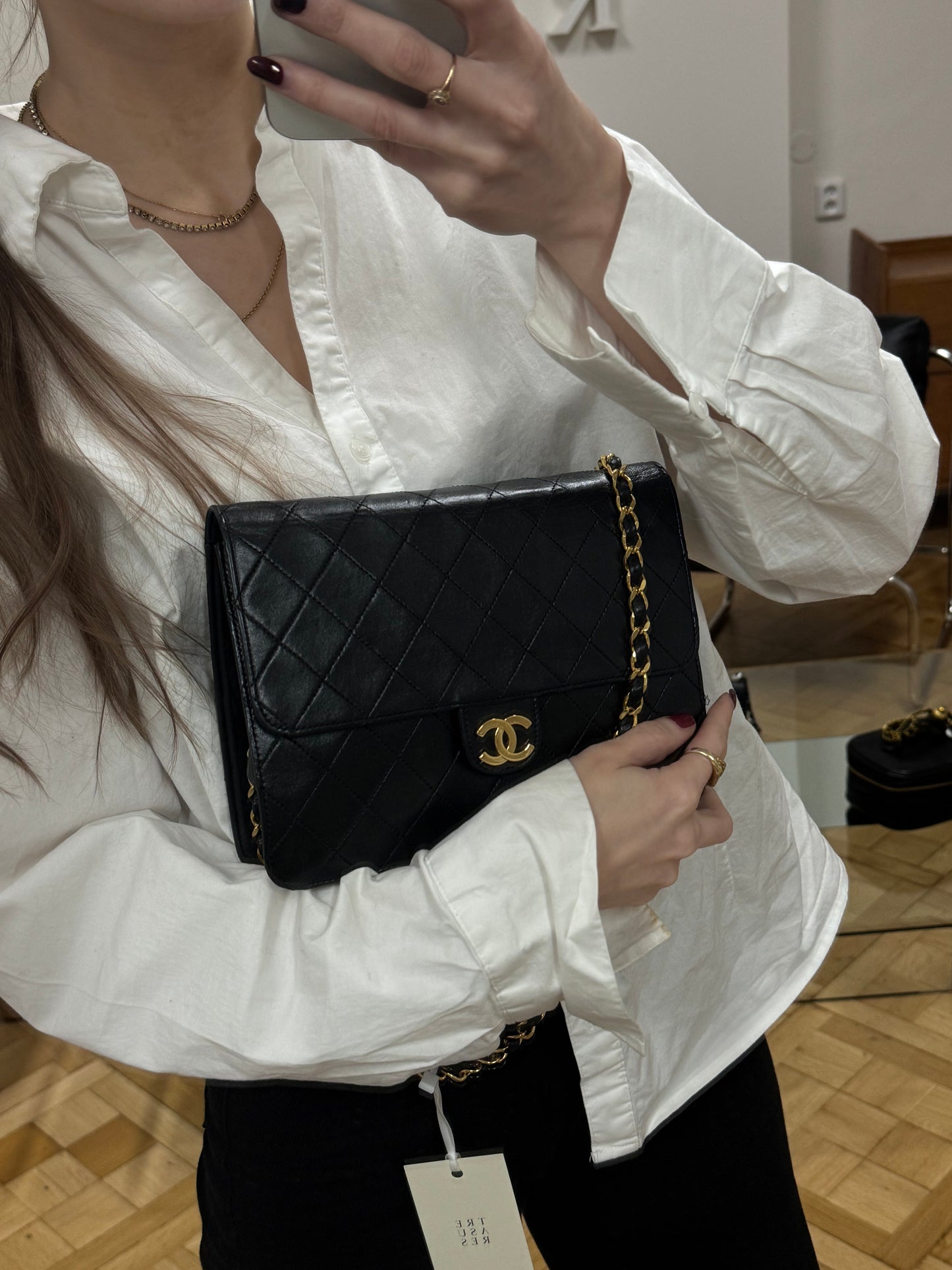 CHANEL CLASSIC SINGLE FLAP BAG LAMBSKIN BLACK 24K GOLD HW