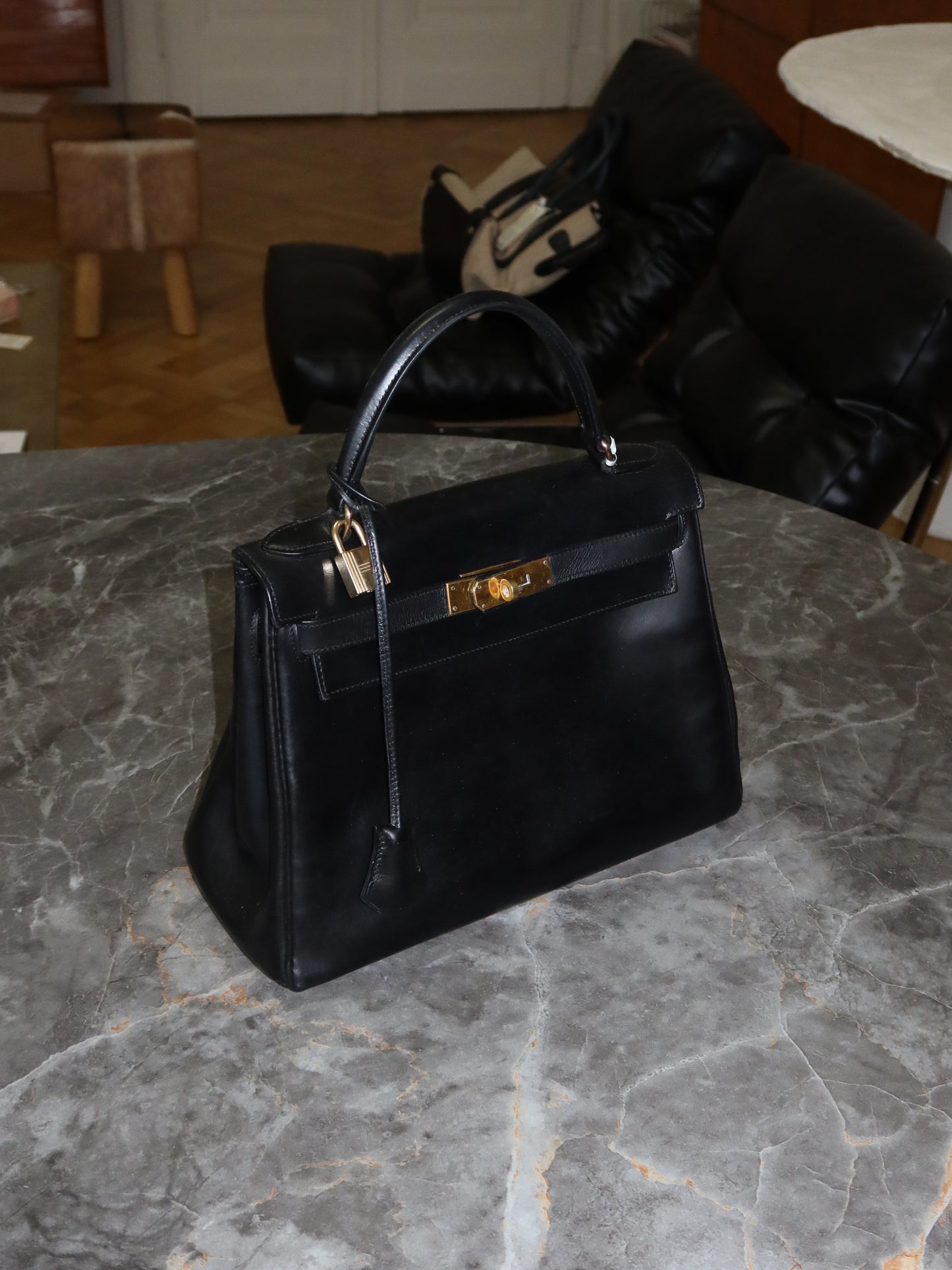 HERMES KELLY 28 BOX CALF BLACK 1959 O stamp