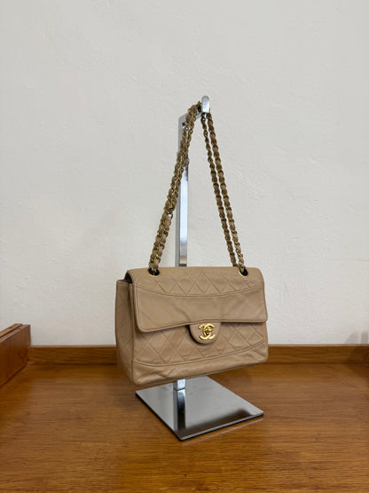 CHANEL TWIST LOCK CLASSIC FLAP BAG BEIGE